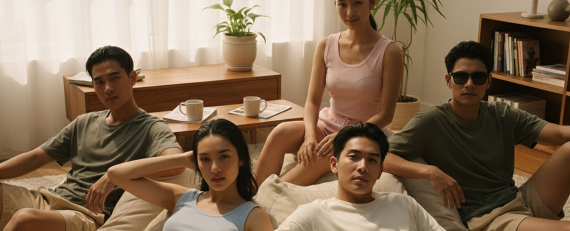 กลุ่มหนุ่มสาวสวมเสื้อผ้าโทนเรียบจากแบรนด์ Kangpla นั่งพักผ่อนในห้องนั่งเล่นแสงธรรมชาติ ถ่ายทอดความเรียบง่ายและความสบายในสไตล์มินิมอล