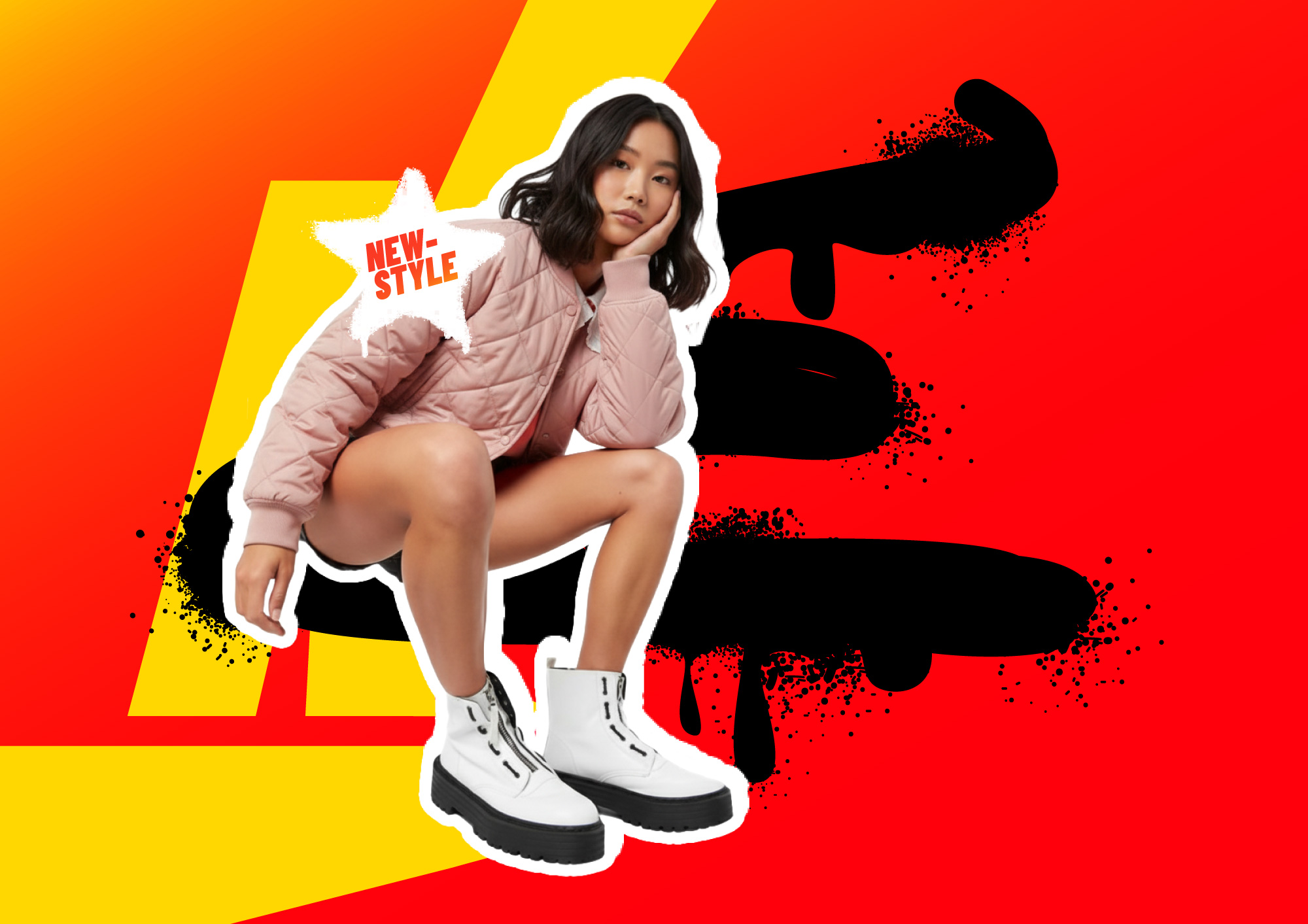 Kangpla streetwear model wearing a lime green and black checkered hoodie, high-waisted gray-wash denim shorts, and white chunky platform combat boots in a studio.